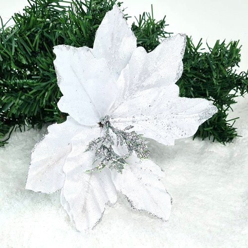Yılbaşı Ponsetya Yapay Çiçek Beyaz Üzeri Gümüş Simli 1 Adet, fiyatı