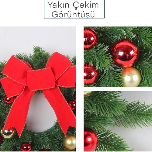 Yılbaşı Top - Kozalak - Fiyonklu Çelenk Kapı Süsü Kırmızı 33 cm, fiyatı